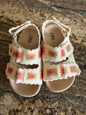 Zara Cream Crochet Kids Sandals with Coral, Yellow & Teal Accents